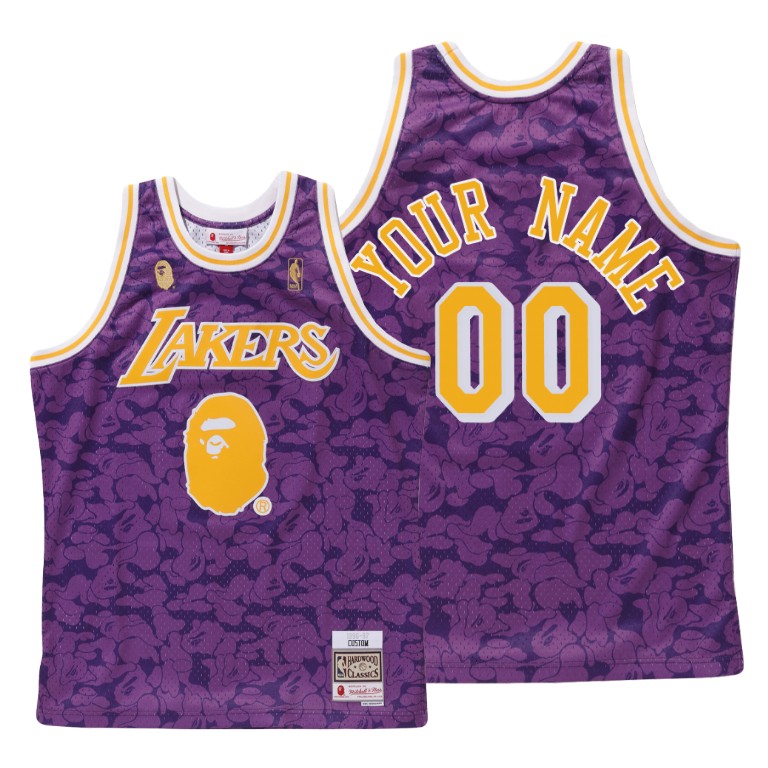 Men's Los Angeles Lakers Custom #00 NBA BAPE X Mitchell Hardwood Classics Purple Basketball Jersey DMX3883MF